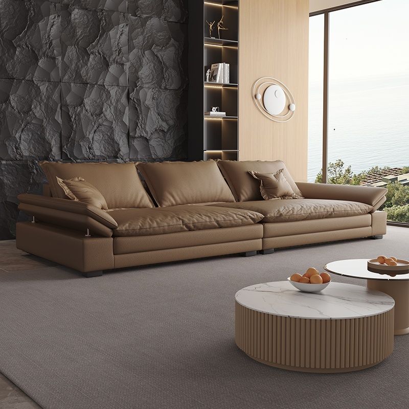 Contemporary Solid Color Tear Resistant Standard Sofa in Black/Amber Color/Off-White, Seats 6 with 2 Pillows