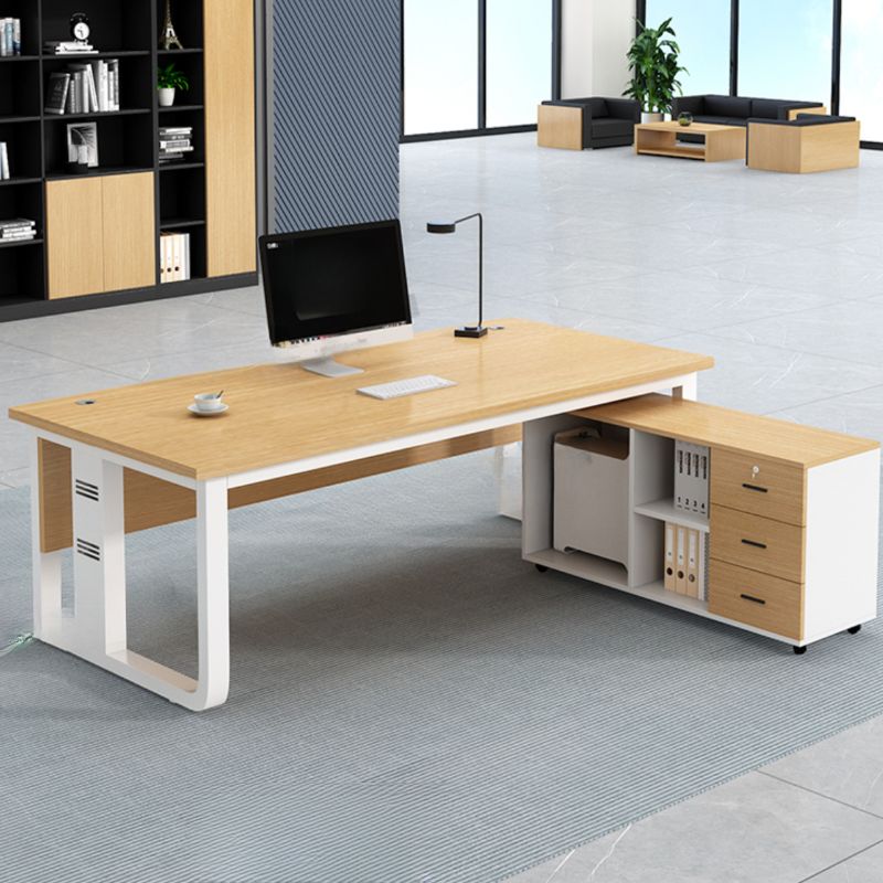 Metal Sledge Base Warp Resistant Wood Color Rectangular Office Computer Desk with Cable Management, Cable Management Included & Front Splash Included