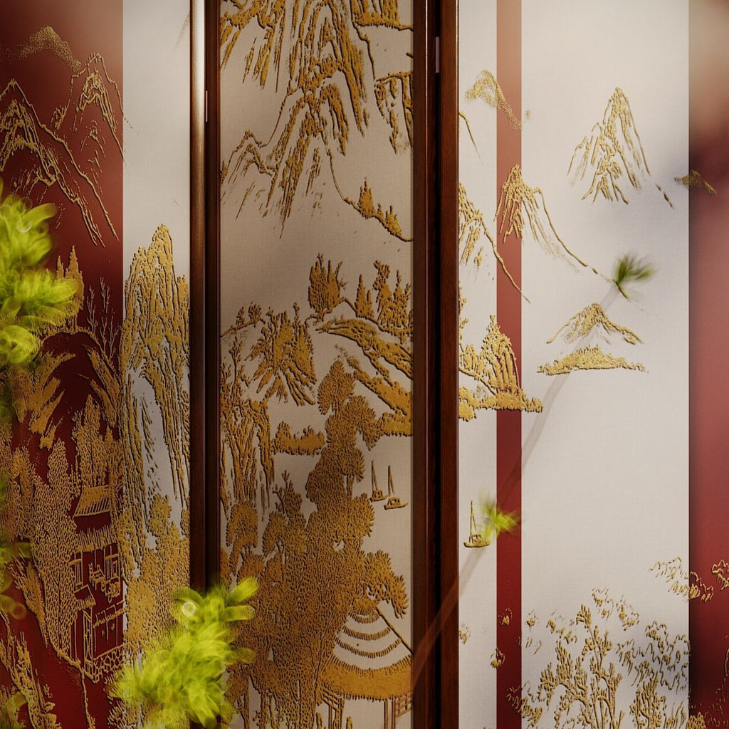 Tan Opaque Fold-up Screen Divider with 4 Panels, Double Sided Print, and Independent Design
