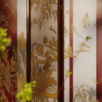 Tan Opaque Fold-up Screen Divider with 4 Panels, Double Sided Print, and Independent Design