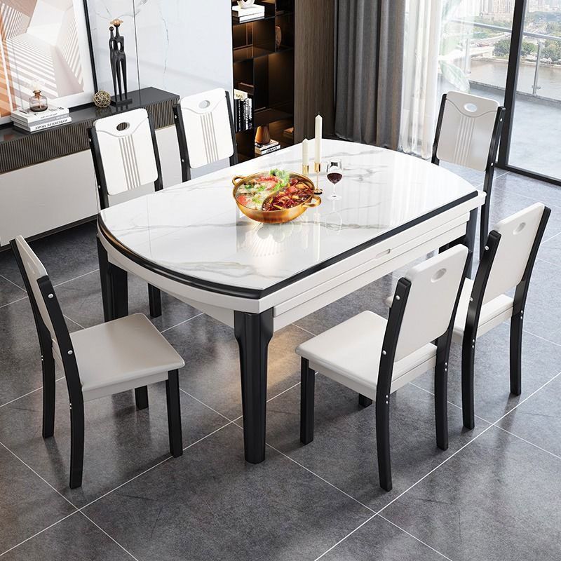 Simplistic Circular-shaped Dining Table with Slate Tabletop and Fold-away Leaf