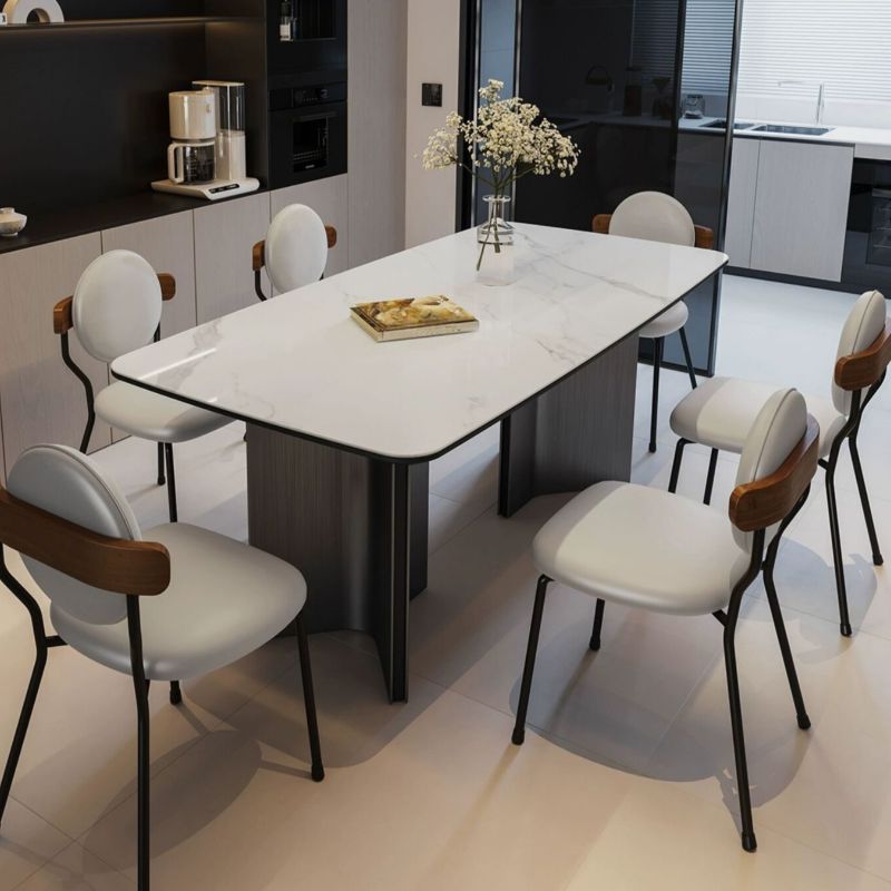 Simplistic Rectangular Dining Table with White Slate Top and Fixed Table