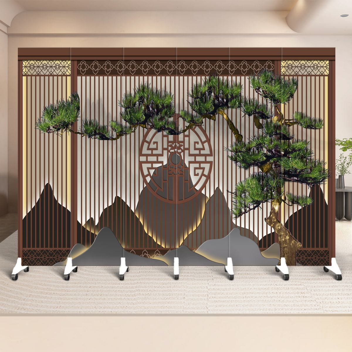 Indoor Opaque Collapsible Temporary Wall with Wheels, Natural Wood Frame, 6 Panels, and Double Sided Print