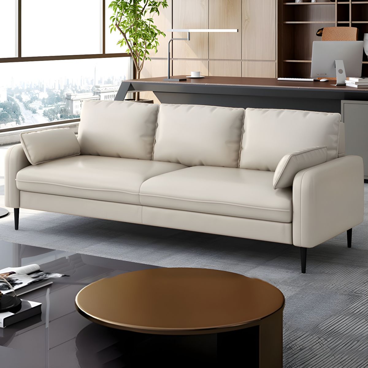 3-Seater Faux Leather Sofa Mid Century Loose Back Square Arm Settee