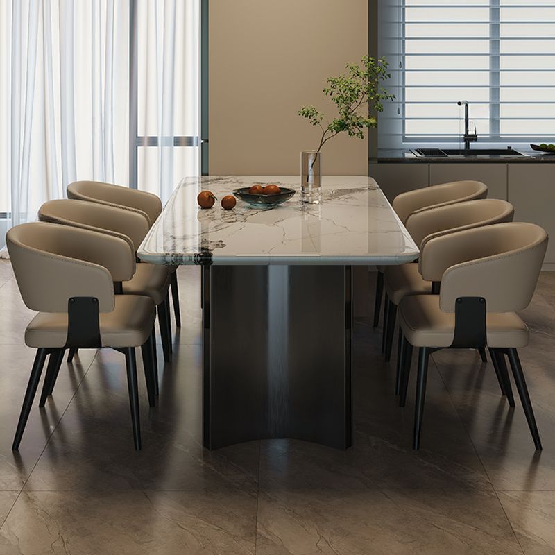 Art Deco Marble Dining Table in Gray with Fixed Table, Dirt-resistant for 6-person Seat, Marble Slab Top and Mixed-material Design