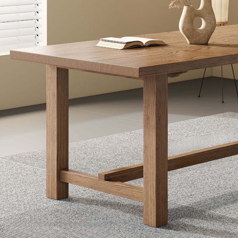 Contemporary Solid Wood Kitchen & Dining Table with Light Brown Trestle Base, Fixed Table, Waterproof for 6-person Seat, Solid Wood Tabletop