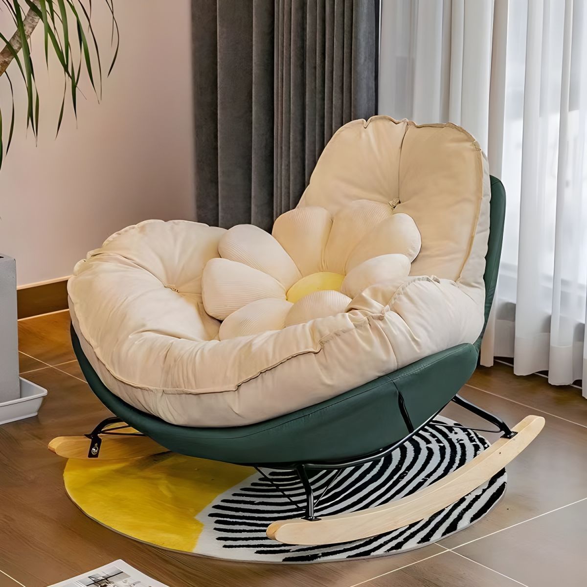 Modern Rocking Chair with Metal Frame and lint Upholstered, Solid Wood Legs and Armless Design