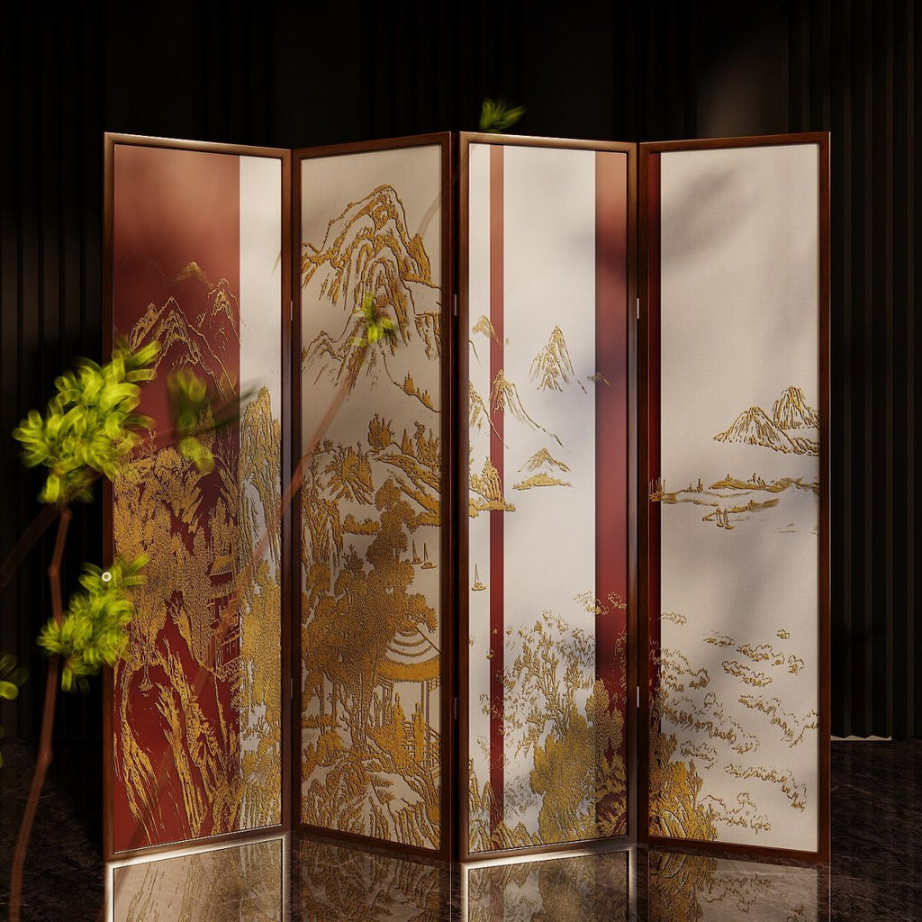 Tan Opaque Fold-up Screen Divider with 4 Panels, Double Sided Print, and Independent Design