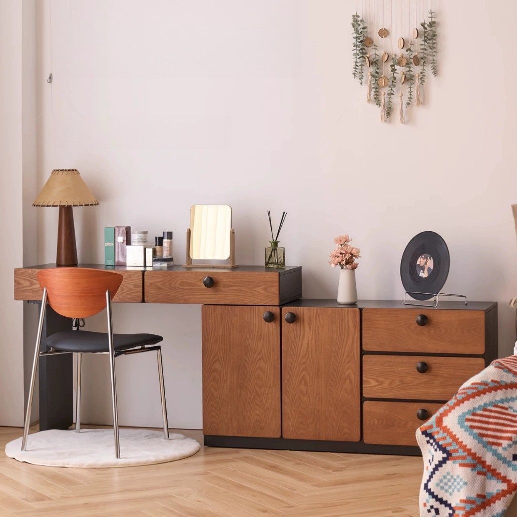 Light Brown Modish Large Vanity Set with Pine Wood Table Top, 5 Drawers, Locker, and Light Up Mirror