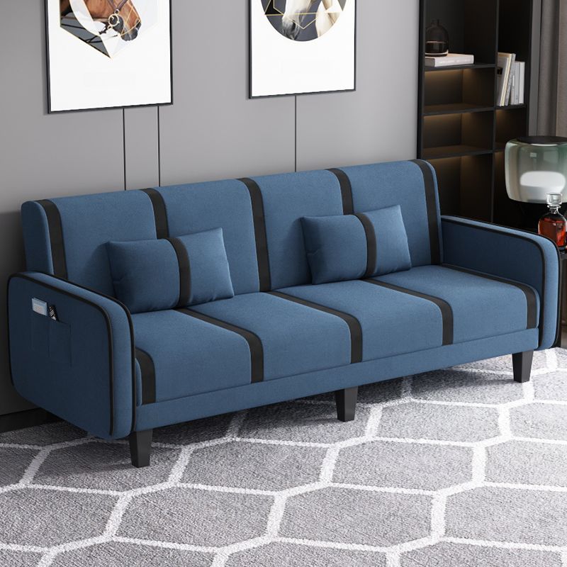 Striped Convertible Sofa in Pu Leather/Flannel with Cerulean/Light Brown/Off-White Upholstery and Armrest