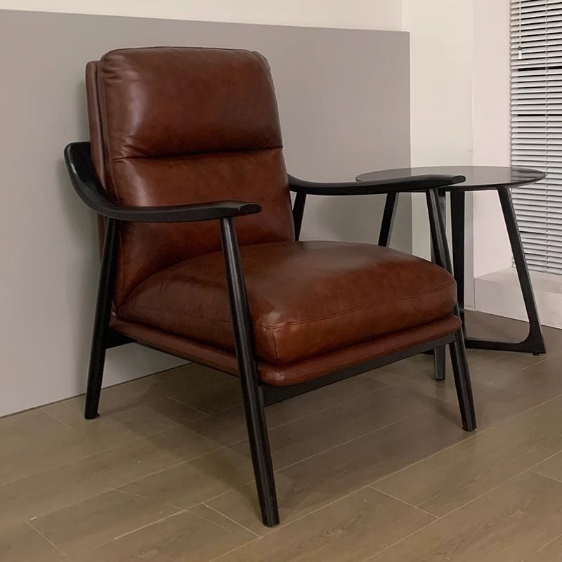 Simplistic Solid Color Arm Chair with Sewn Pillow Back in Ink/Cocoa and Arms