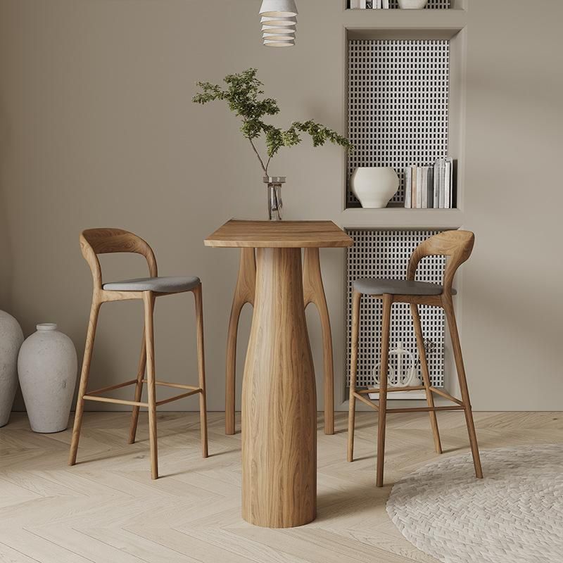 Coffee Wood/Natural Asymmetrical High Top Table in Natural Pine Wood with Three Legs and Upholstered Chair