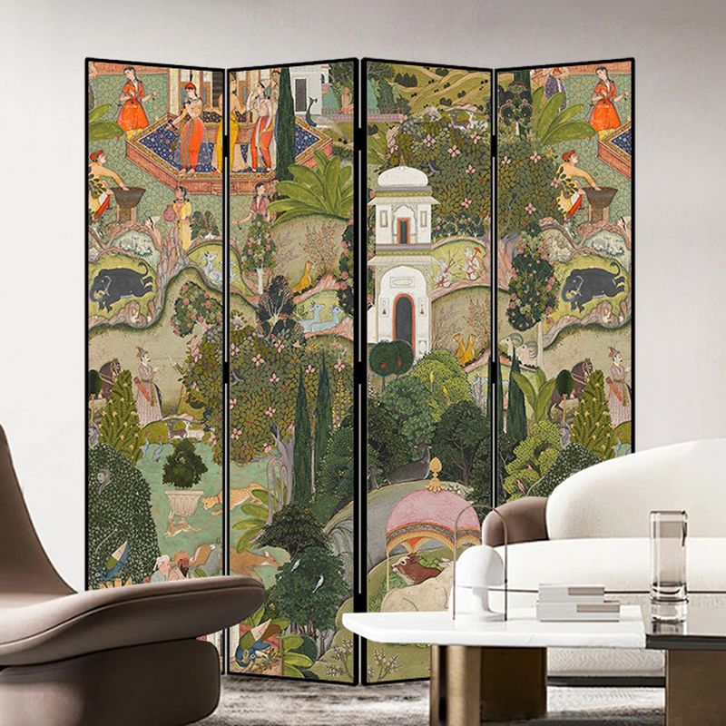 Minimalist Opaque Fold-up Screen Divider with Natural Wood Frame, 4 Panels, Double Sided Print, and Independent Design