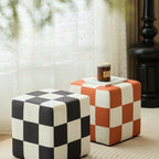 Modish Checkered Accent Stool with Square Base and Upholstered Seat