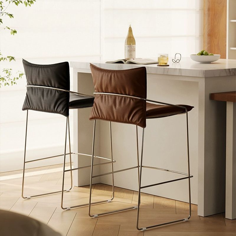 Casual Rawhide Bar Stools in Midnight Black/Navy Blue/Cognac with Back and Rectangle Seat Featuring Leg Rest