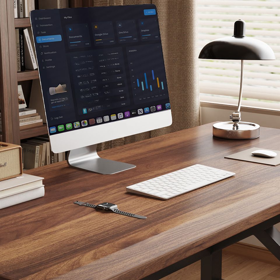 Minimalist Ergonomic Gaming Computer Desk with Sled Base and Independent Structure, Featuring Headphone Hook and Solid Wood Top