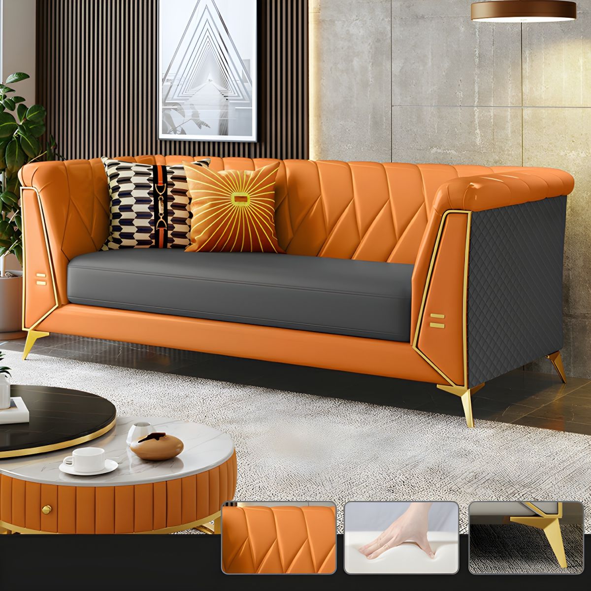 Glam Faux Leather Standard Sofa with Tuxedo Arms in Solid Color