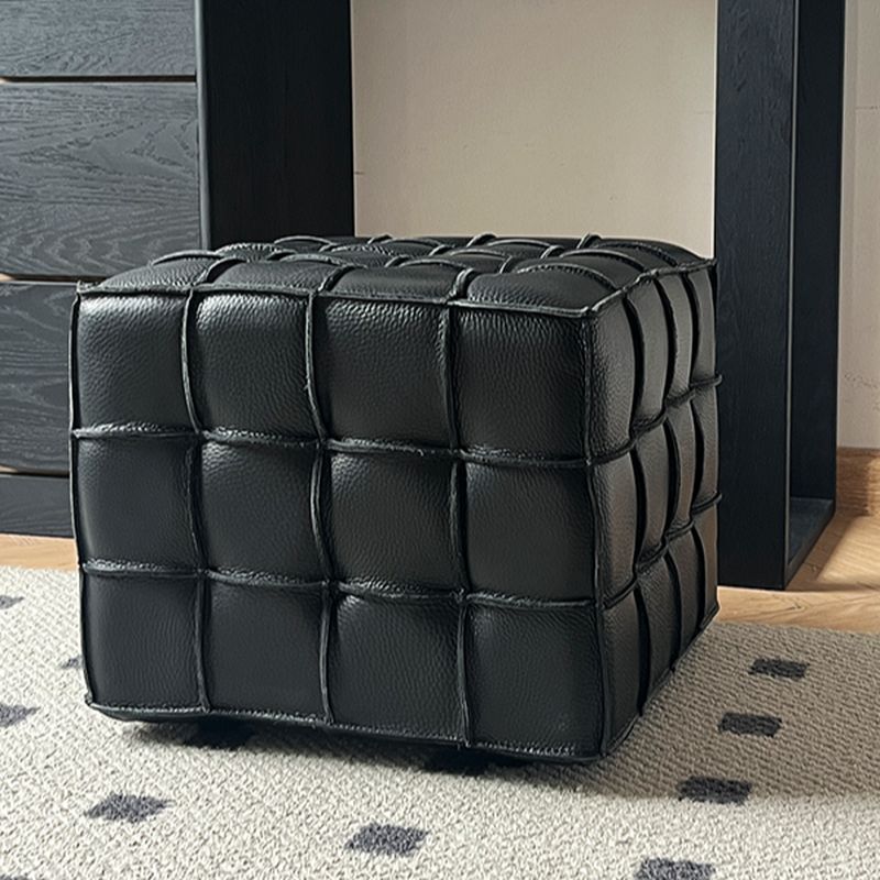 Modish Square Solid Color Standard Ottoman in Genuine Leather with Scarlet/Caramel/Beige Button-tufted Upholstery
