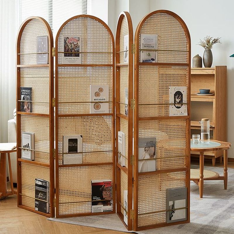 Indoor Translucent Collapsible Room Screen with Shelf, Cane, and Freestanding