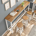 Simplistic Pub Table with Lumber Top and Trestle Base in Natural Finish, Rectangle Shape with Foot Pedestal