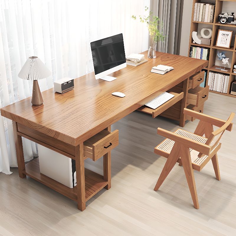 Contemporary Stain Resistant Natural Finish Office Computer Desk with Wood Double Pedestal/Pedestal Base/Sled Base, Drawers Included & With Keyboard Tray