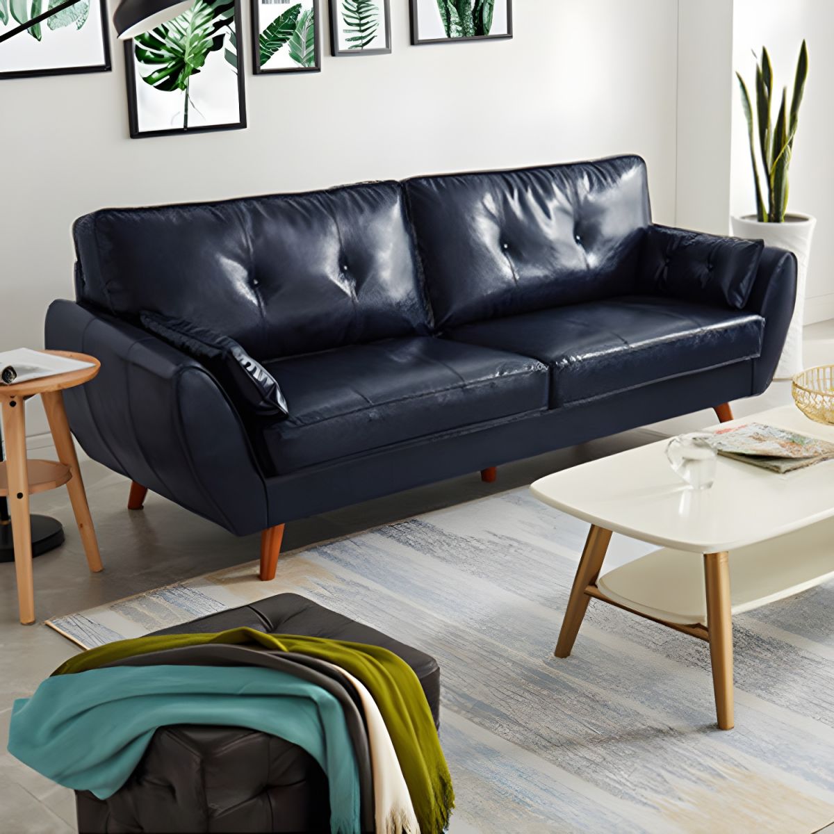 Modern Leather Sofa Flared Arm Button-tufted Loose Back Sofa for Living Room Bedroom