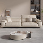 Modish Solid Color Standard Sofa in Beige with Pillow Top Arm and 3 Pillows for 5 Person/4-seater/3-seater