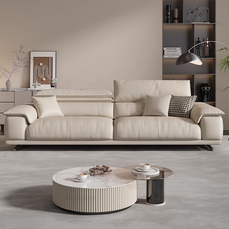 Modish Solid Color Standard Sofa in Beige with Pillow Top Arm and 3 Pillows for 5 Person/4-seater/3-seater