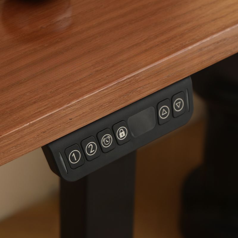 Simplistic Flexible Height Desk with Rainproof Toboggan Base, Automatic Height Adjustment, Auburn Lumber Top, Floor Mounted