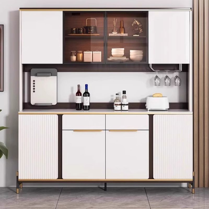 Chalk Sideboard with 2 Drawers/1 Drawer, Standard/Narrow Size, Six Internal Shelves, Sintered Stone Countertop, Glazed Door, and Stemware Shelf