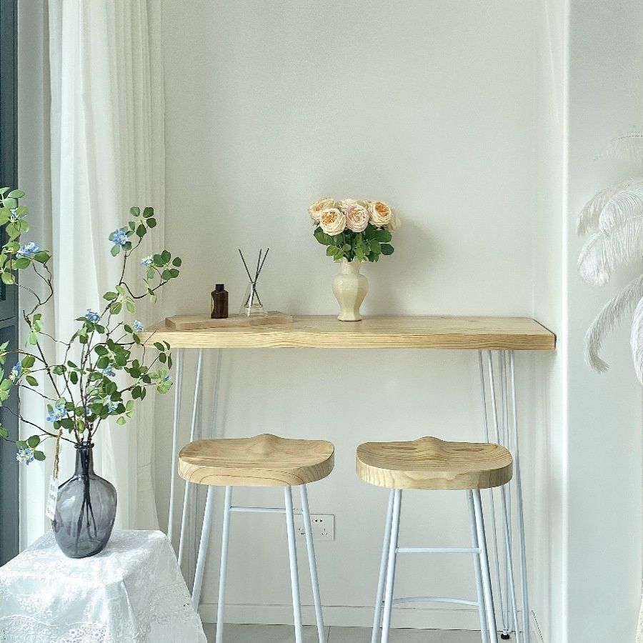 Modern Pub Table with Natural Wood Top and Four Legs in Wood Grain, Rectangular Shape