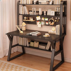 Writing Desk with Storage, Abrasion Resistance, Sleigh Base with Exterior Shelf in Ink/Chalk/Natural, Unattached Hutch Option