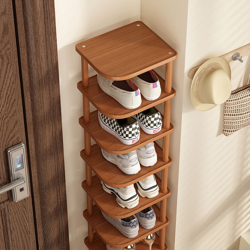 Art Deco Composite Wood Rectangle Shoe Rack in Light Brown with 9 Shelves for 1-10 Pairs in Drawing Room with Individual Shoe Cubby Holes