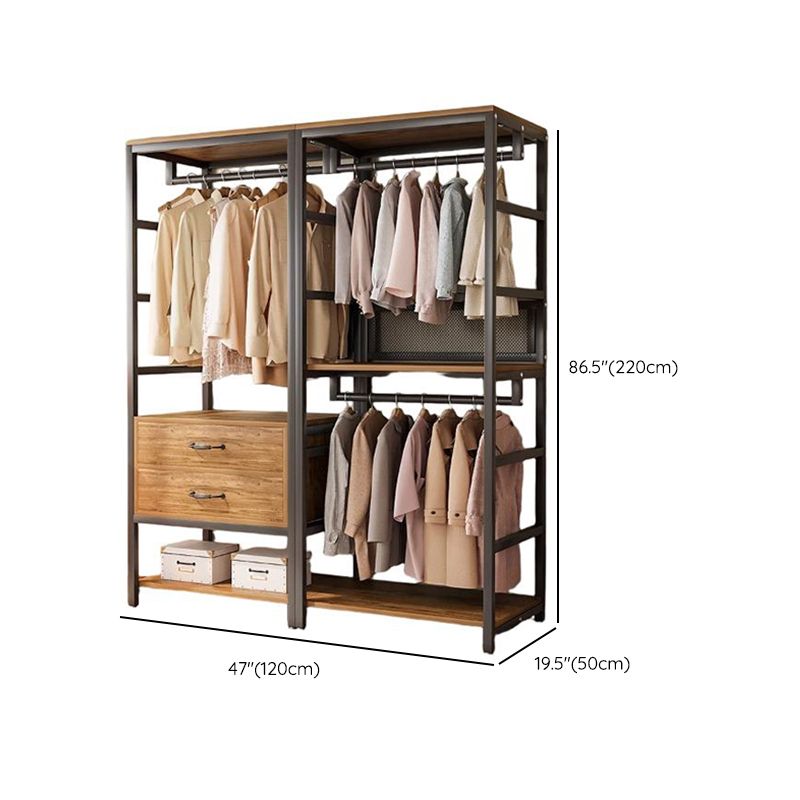 Midnight Black Simplistic Steel Hall Rack with Repository, 2 Drawers/3 Drawers, 4 Shelves/3 Shelves/7 Shelves, and Manufactured Wood Bench