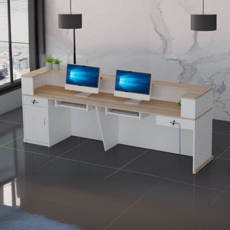 Reception Desk Rectangle with Cabinet Hutch Keyboard Tray Filing Cabinet and 2 Drawer Pedestals in Natural Finish