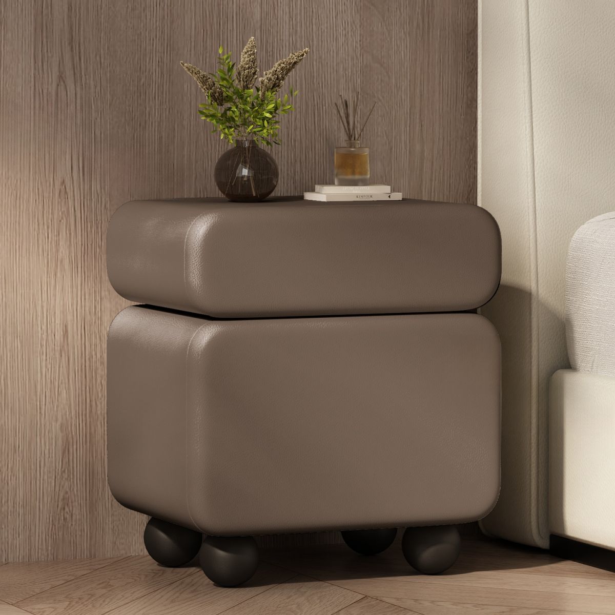 Modish Nightstand With Drawer Organization Featuring 1 Drawer, 1 Cabinet, Right Orientation, and Lumber Countertop