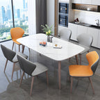 7-Piece Metal Modern Dining Set with Slate Table Top and Upholstered Chairs in Violet Color