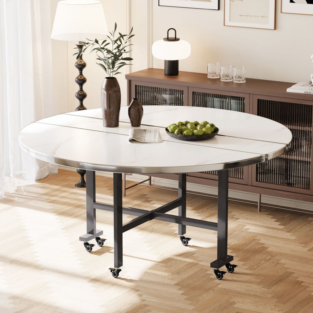 Chalk Minimalist Compact Orbicular Folding Banquet Table with Waterproof Faux Wood Top