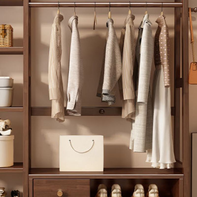 Modern Coat Tree with Stockroom Storage, 7 Shelves, Rubberwood Frame, and Wood Hook