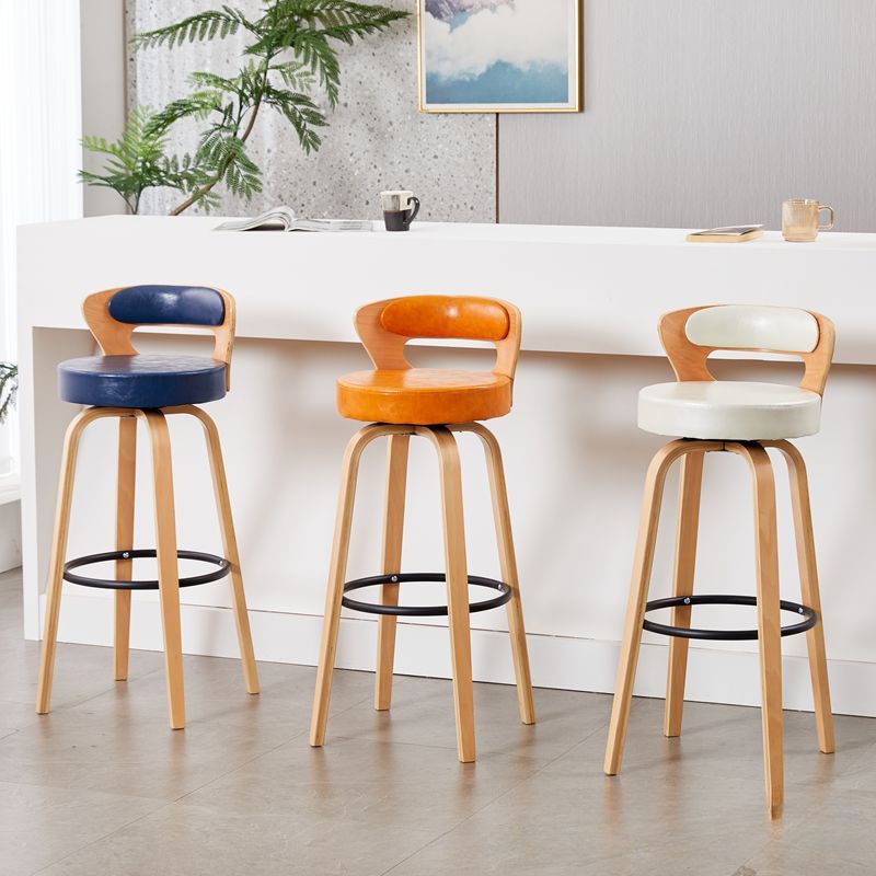 Casual Rawhide Bar Stools in Midnight Black/Scarlet/Navy Blue with Back, Turned Swivel, Round Top, and Leg Rest