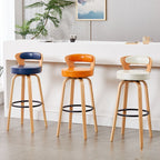 Casual Rawhide Bar Stools in Midnight Black/Scarlet/Navy Blue with Back, Turned Swivel, Round Top, and Leg Rest