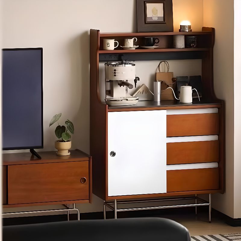 Tan Microwave Shelf Cabinet with 3 Shelves, 1 Door, Illumination Light, Self-supporting