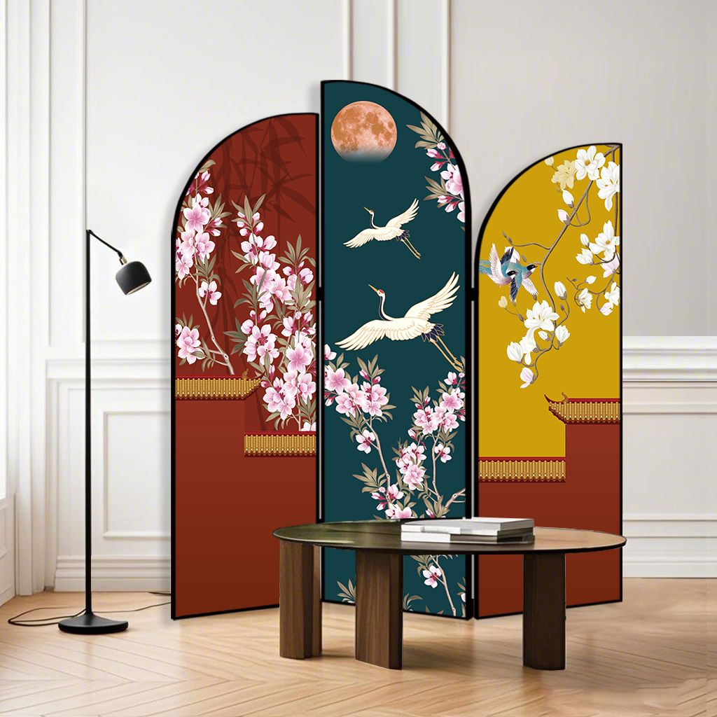 Art Deco Opaque Compact Room Divider with Lumber Frame, 3 Panels, Double Sided Print, Freestanding