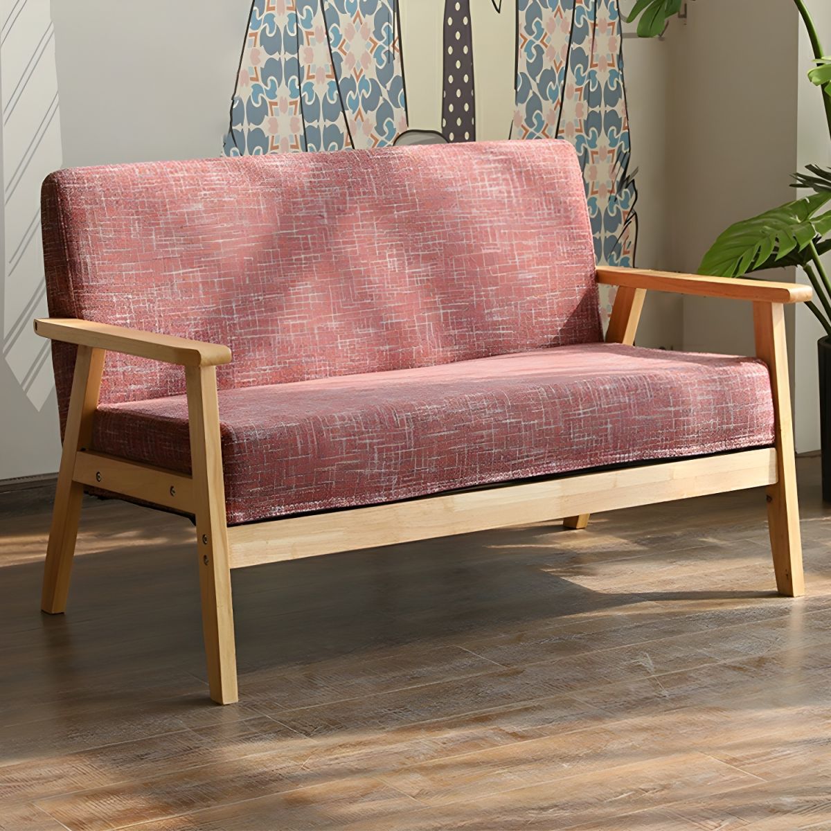 Modern Wood Frame Cotton and Linen Sofa with Foam Seat in Natural Wood Legs and Tight Back Design