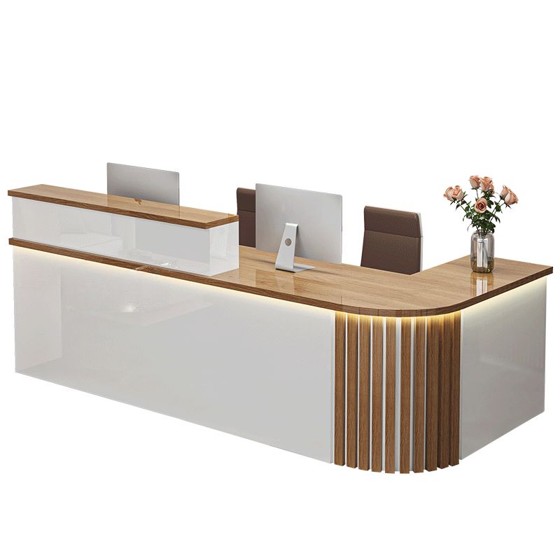 L-Shape Manufactured Wood Top Reception Desk with Hutch, Keyboard Tray, Cabinet, Desk Return & Cable Management