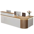 L-Shape Manufactured Wood Top Reception Desk with Hutch, Keyboard Tray, Cabinet, Desk Return & Cable Management
