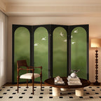 Sage Opaque Fold-up Screen Divider with Natural Wood Frame, 4 Panels, Double Sided Print, and Independent Design