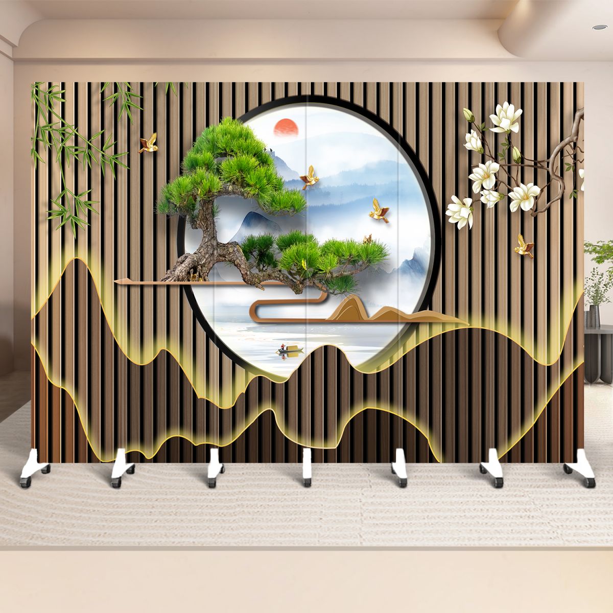 Indoor Opaque Collapsible Temporary Wall with Wheels, Natural Wood Frame, 6 Panels, and Double Sided Print