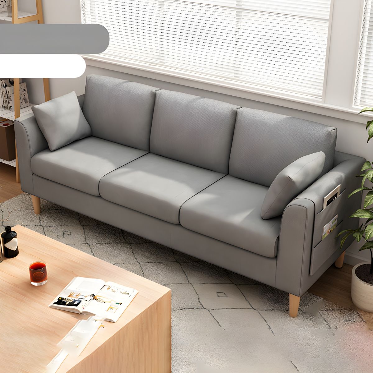 Scandinavian 3 Seater Sofa with Pillows Back and Tuxedo Arm and Solid Wood Legs