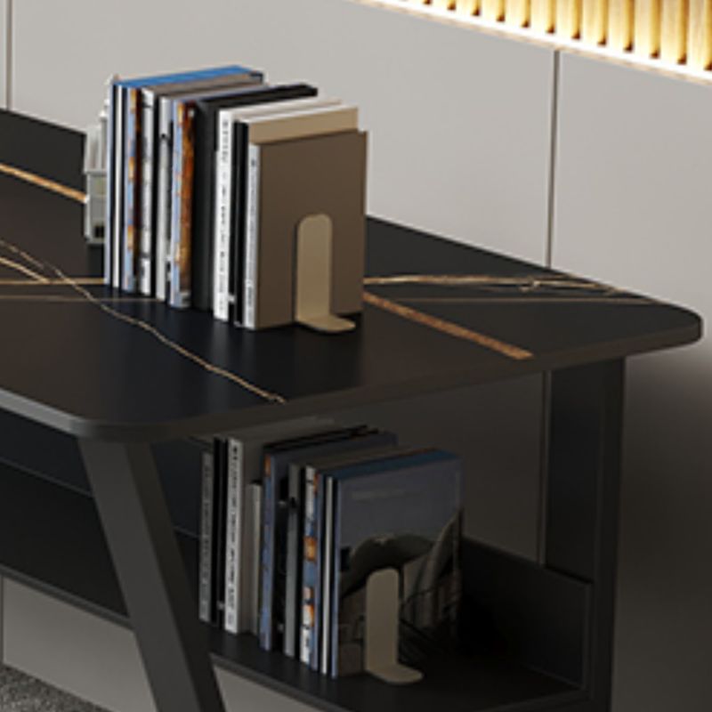 Storage Desk with Scratch-proof Durability, 2 Drawers, Sleigh Base, Exterior Shelf, Glossy Black Drawer, Slate Top